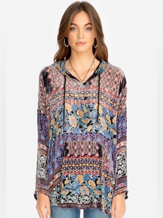 Johnny Was Tops - Johnny Was Women's Karma Burnout Aztec Hoodie Silk Blend Lightweight Medium